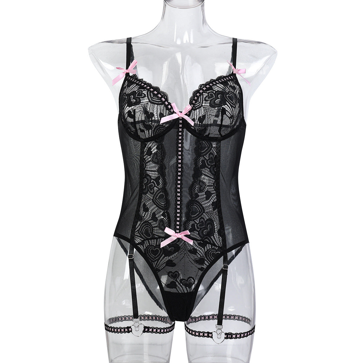 Women Clothing Love Jacquard Lace Bow Jumpsuit Strap Sexy Lingerie