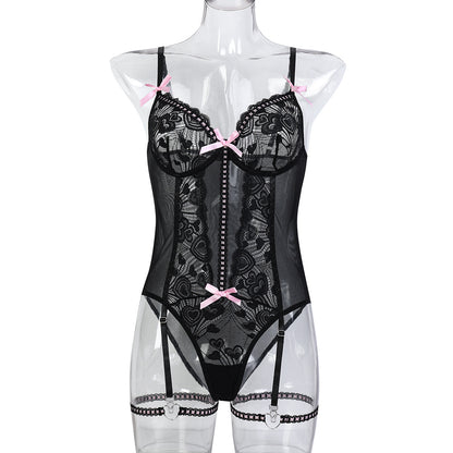 Women Clothing Love Jacquard Lace Bow Jumpsuit Strap Sexy Lingerie