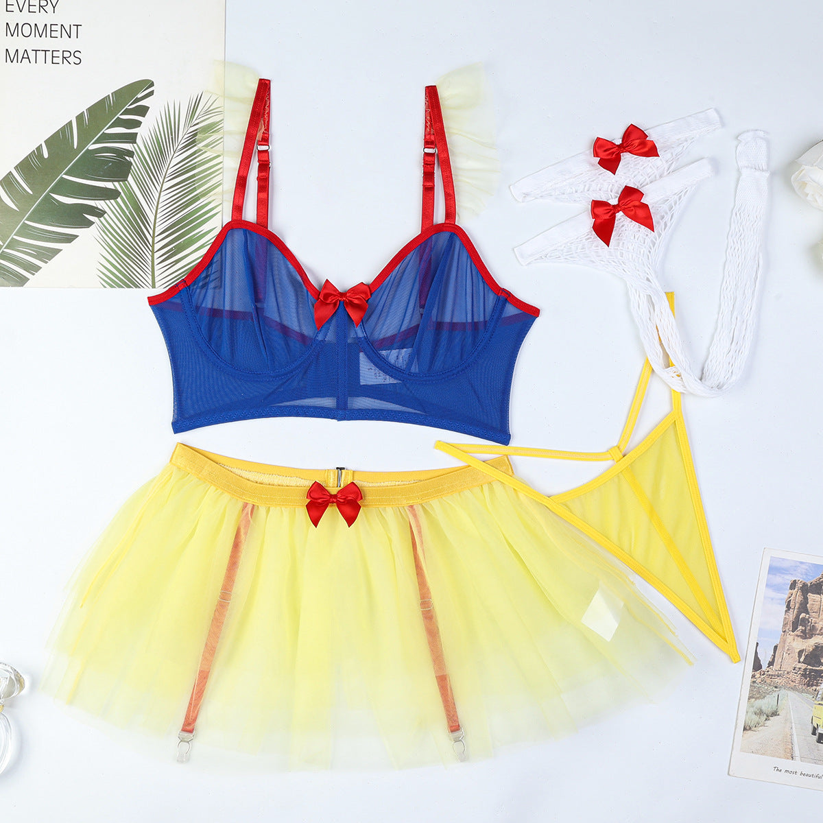 Hollow Out Cutout Net Socks Butterfly Blue Contrast Color Mesh Yellow See Through Sexy Underwear Sexy Four Piece Set Women