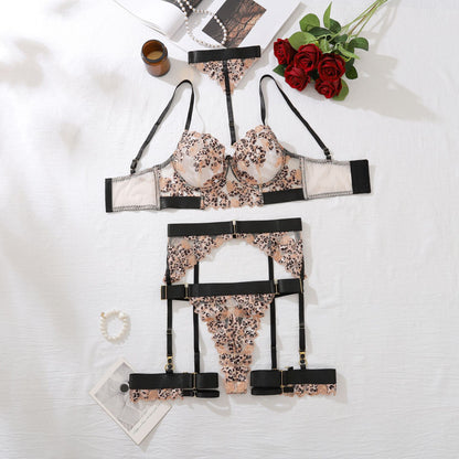 Sexy Halter Leopard Print Underwear Underwear Garter Sheer Mesh Joint Sexy Four Piece Set