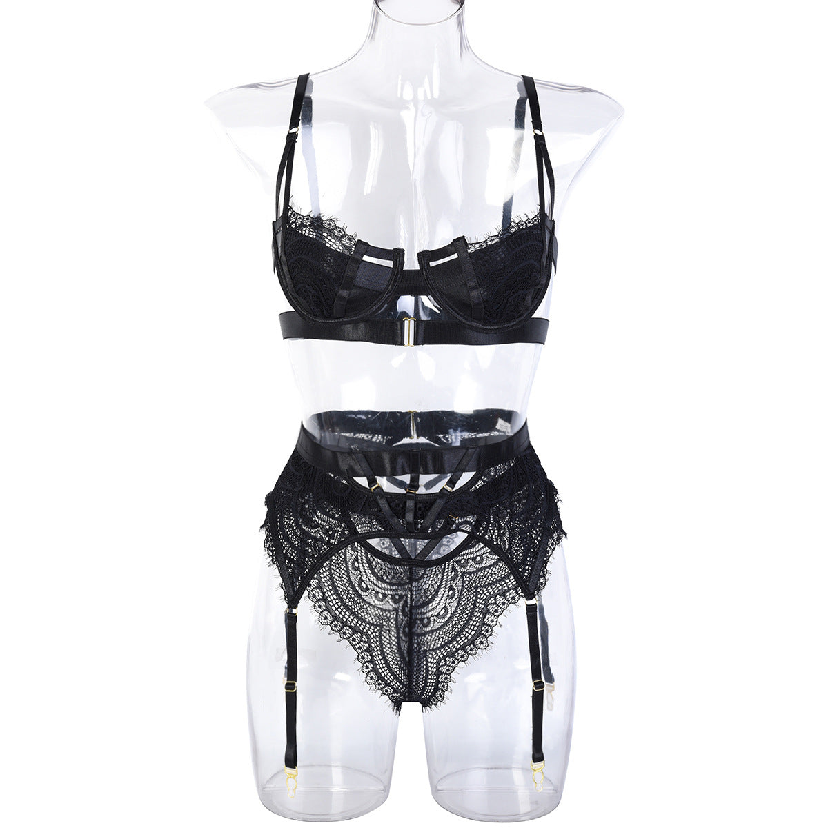 Sexy Three Piece Set Autumn Lace Strap Stitching Steel Ring Heavy Craft Underwear