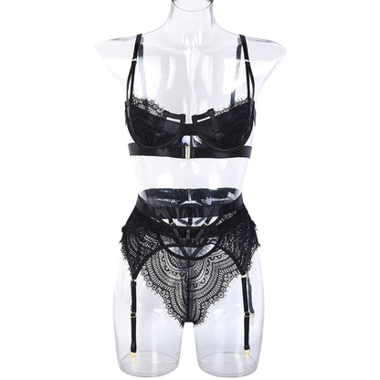 Sexy Three Piece Set Autumn Lace Strap Stitching Steel Ring Heavy Craft Underwear