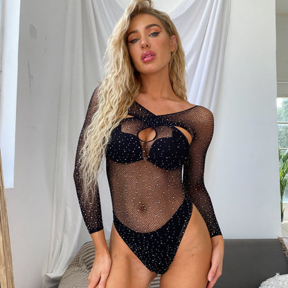 Women Rhinestone Shiny Long Sleeved Sexy Lingerie Fishnet Clothes