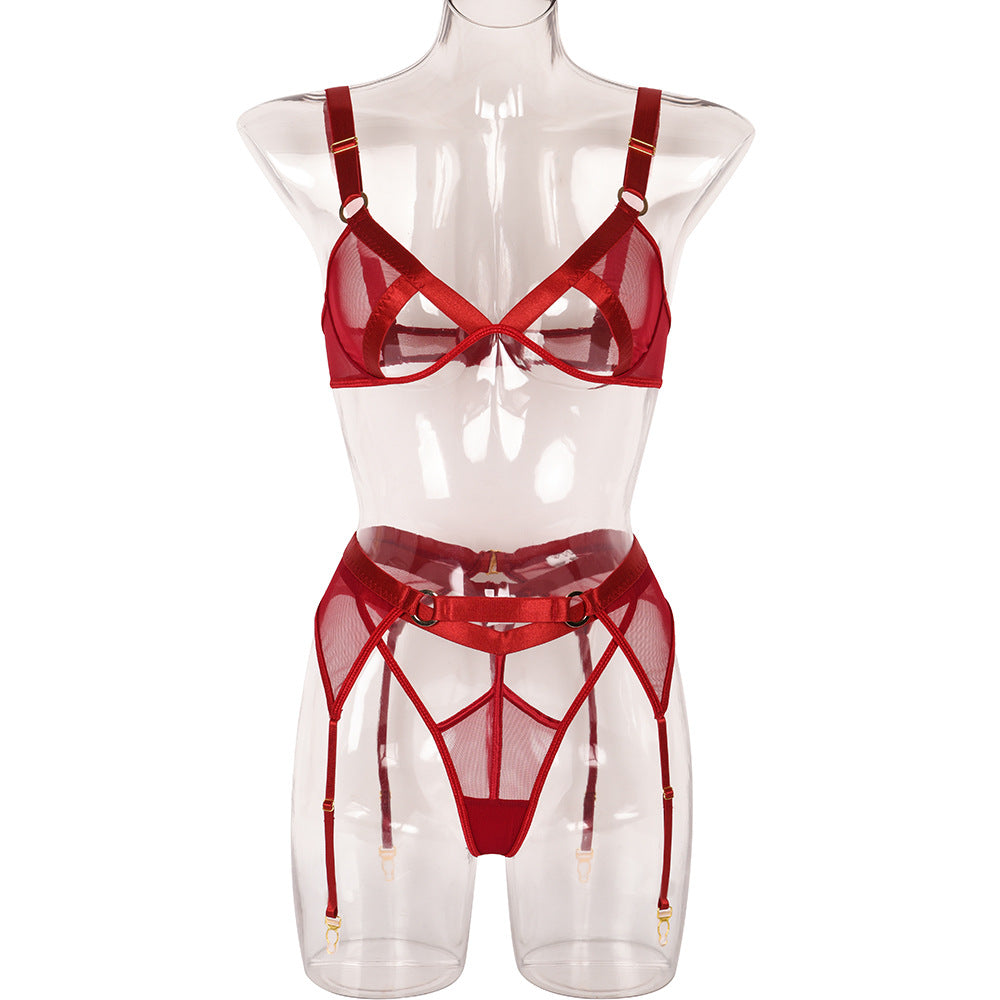 Sexy Three-Piece Set Hollow Out Cutout Heavy Craft Mesh Stitching Sexy Belt