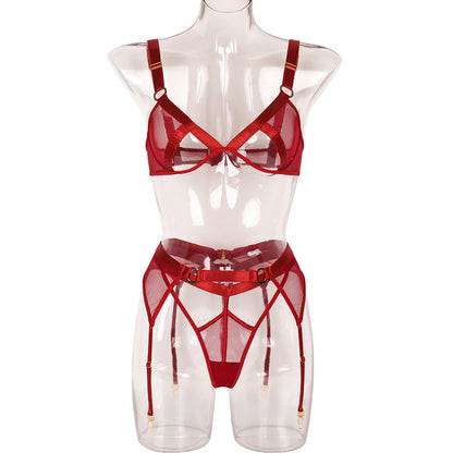 Sexy Three-Piece Set Hollow Out Cutout Heavy Craft Mesh Stitching Sexy Belt