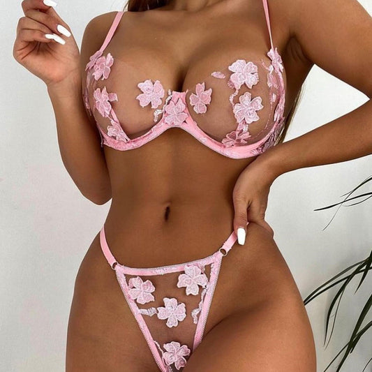 Sexy Romantic Floral Embroidery See-through Sexy Suit Women Spot