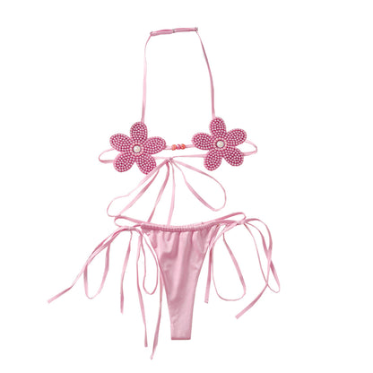 Three Dimensional Cute Floral Girl Sexy Halter Sexy Lace up Backless Bra Underwear Two Piece Set
