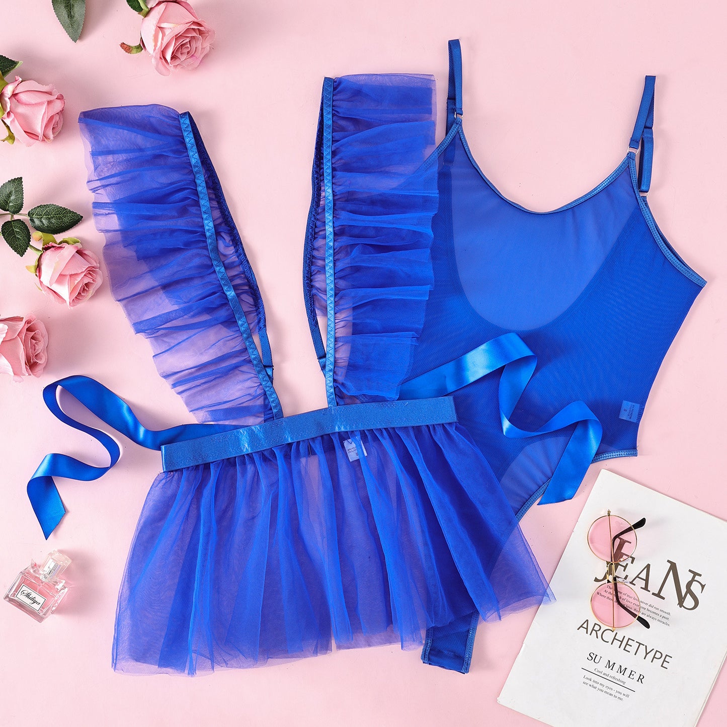 Lace Mesh See through Thin Backless Corset Sexy Lingerie Set