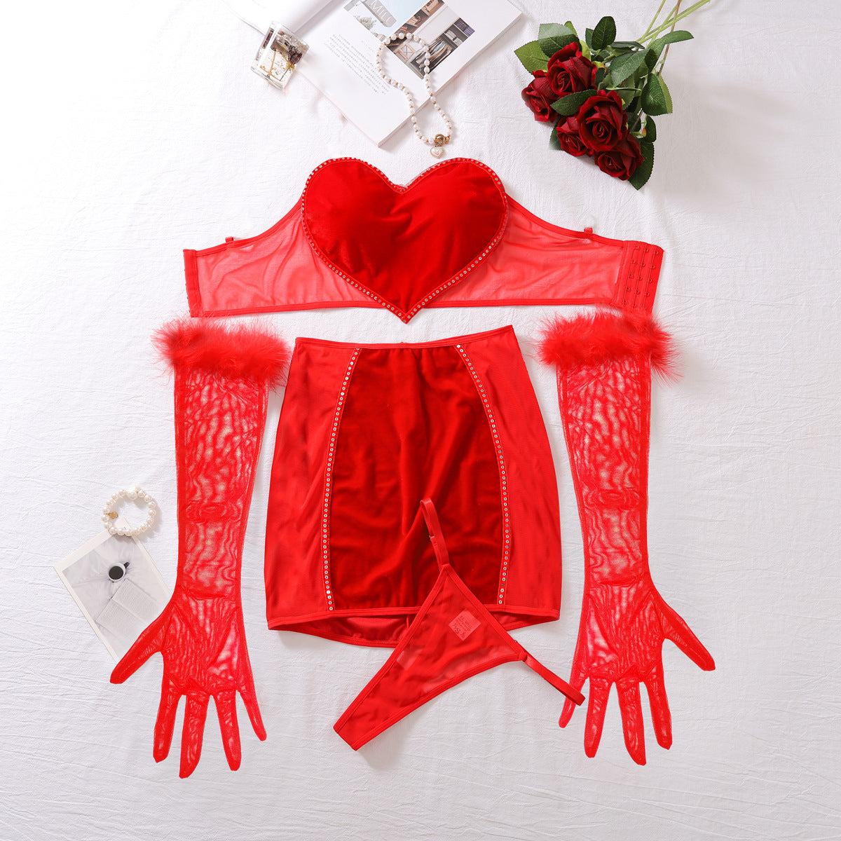 Arrival Red Love Life Year Sexy Lingerie Skirt Outfit Comfortable Sheer Mesh Sexy Four Piece Set