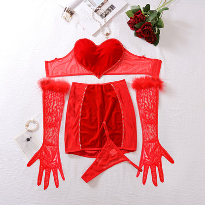 Arrival Red Love Life Year Sexy Lingerie Skirt Outfit Comfortable Sheer Mesh Sexy Four Piece Set