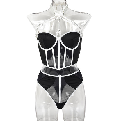Sexy Suit Mesh Strap Stitching Complex Heavy Craft Metal Halter