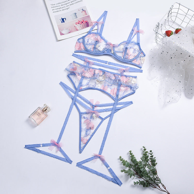 Summer Embroidered Sexy Lingerie Three-Piece Set Floral Charming Waist Seal Garter Sexy Women