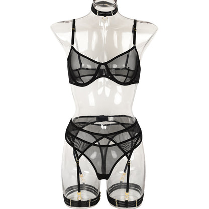 Sexy Underwear Four Piece Set Popular Mesh Stitching With Neck Leg Ring High Quality Underwear