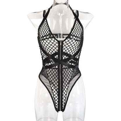 Sexy Jumpsuit Summer Coarse Mesh Zipper Heavy Craft Halter Women Underwear Jumpsuit
