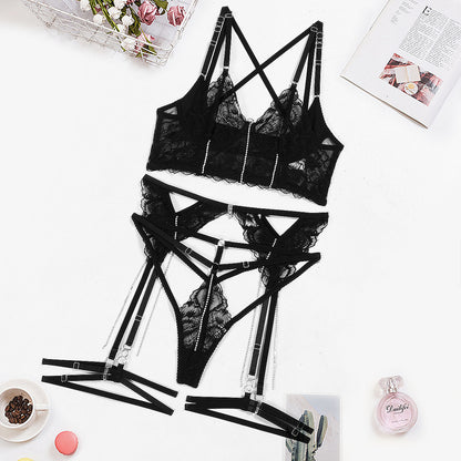 Complex Craft Sexy Cross Hollow Out Cutout Embroidery Body Shaping Drill Chain Sexy Lingerie Four Piece Set for Women