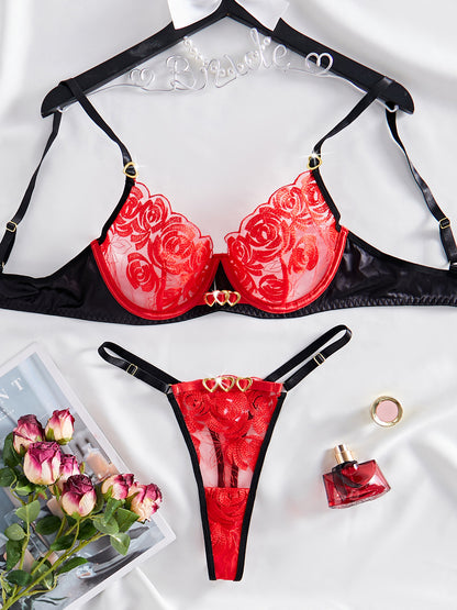 Embroidery Stitching Love Comfortable Mesh Sexy Lingerie Sexy Two Piece Set