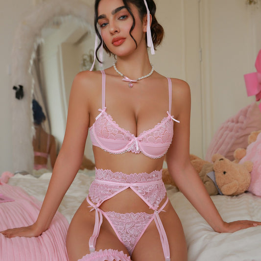 Sexy Sexy Lace Bow Bra Solid Color T Back Sexy Suit