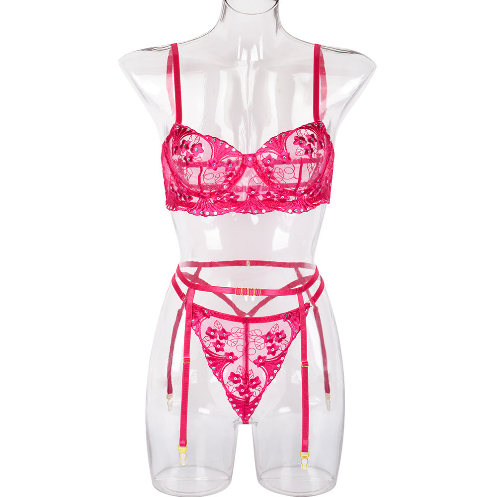 Sexy Lingerie Embroidered Floral Sequin Stitching Three Piece Set with Steel Ring