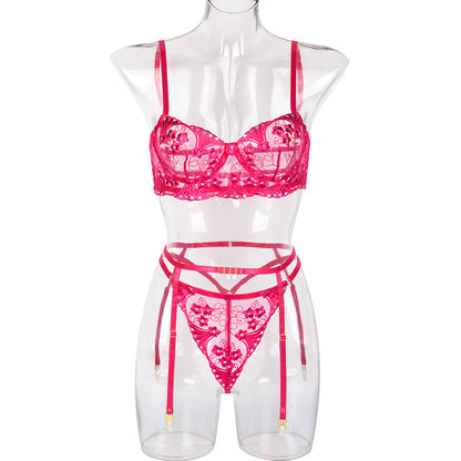 Sexy Lingerie Embroidered Floral Sequin Stitching Three Piece Set with Steel Ring