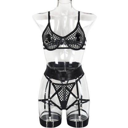 Sexy Underwear Metal Hollow Out Cutout Large Hole Mesh Bandage Sexy See through Garter Five Piece Set