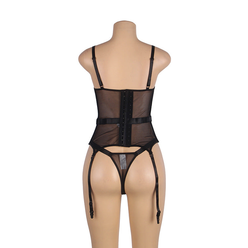 Plus Size Sexy Lingerie Sexy Embroidery Steel Ring Breasted Corset Hollow Out Cutout out See through Garter Two Piece Set