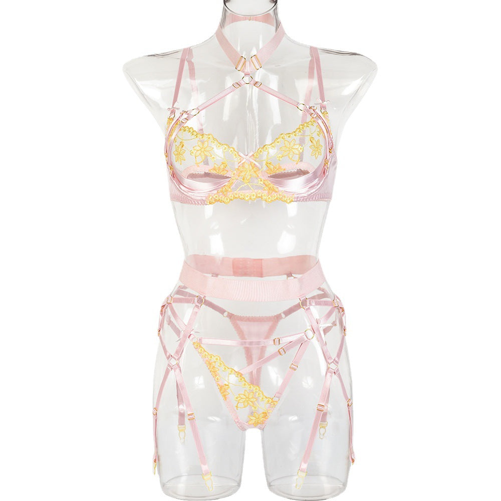 Sexy Lingerie Halter Sexy Hollow Out Cutout Satin Stitching Sexy Three-Piece Set