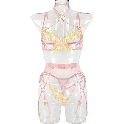 Sexy Lingerie Halter Sexy Hollow Out Cutout Satin Stitching Sexy Three-Piece Set