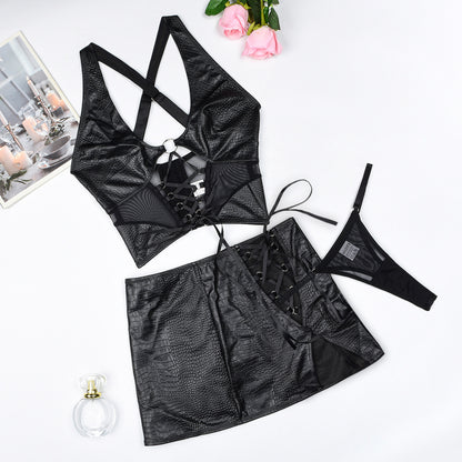 High Quality Fabric Leather Splicing Mesh Sexy Lace up Cross Halterneck Sexy Lingerie Suit