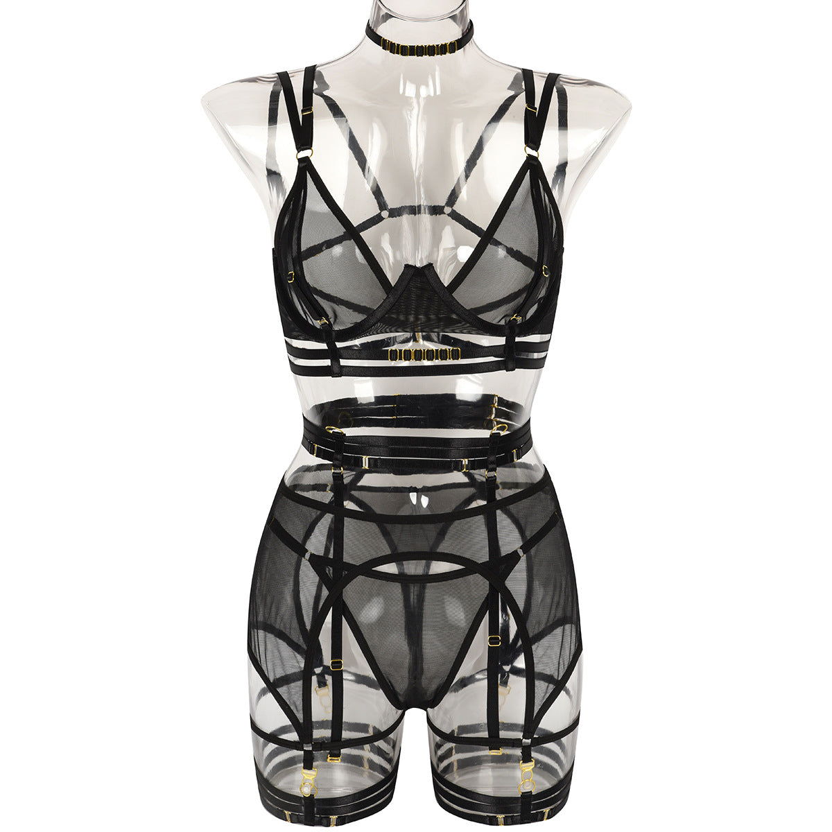 Sexy 4-Piece Set Mesh Stitching Complex Heavy Industry Halter Leg Ring Suit