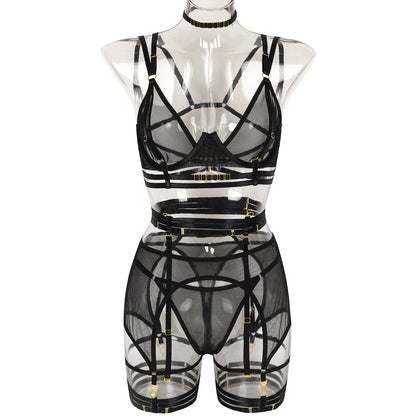 Sexy 4-Piece Set Mesh Stitching Complex Heavy Industry Halter Leg Ring Suit