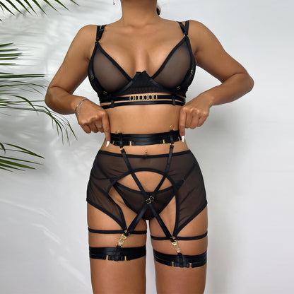 Sexy 4-Piece Set Mesh Stitching Complex Heavy Industry Halter Leg Ring Suit
