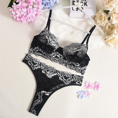 Lingerie Sexy Bra Contrast Color Sexy Lace Gathered See through Two Piece Set