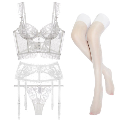Lace Embroidery No Mold Cup Vest Bra Girl Sexy Four Piece Set