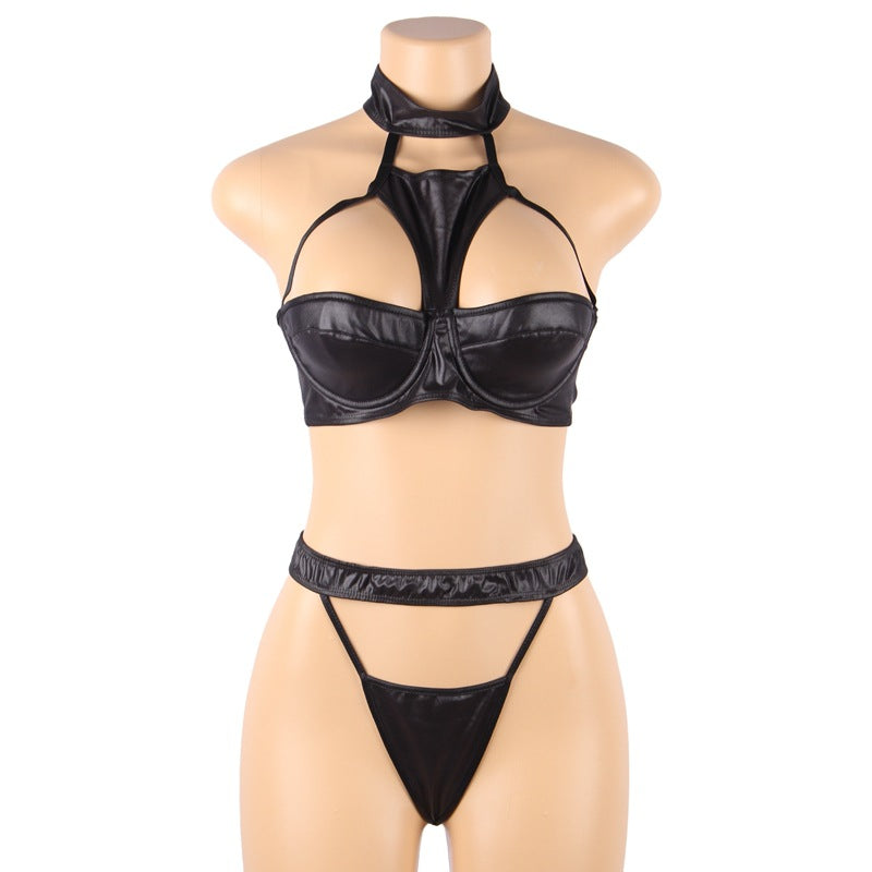 Sexy Uniform Seduction Sexy Faux Leather Three Point Bra Set Plus Size Underwear
