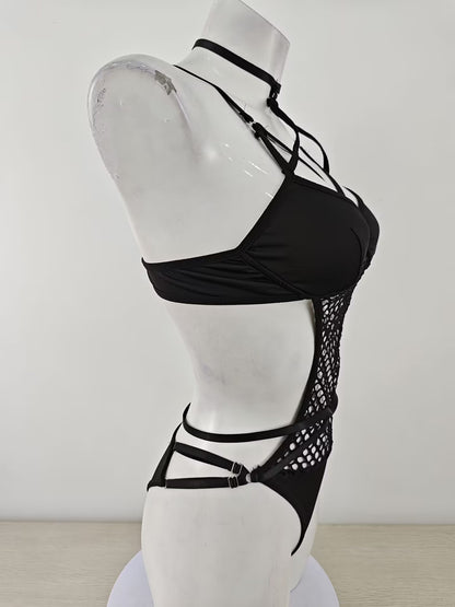 Sexy Large Mesh Hollow Out Cutout Cross Ribbon Stitching Sexy Lingerie Set