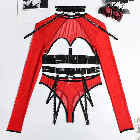 Ellolace Sexy Lingerie Cut Out Top Sheer Lace Transparent Exotic t-Shirts Gothic Sensual Accessories 4-Piece Garter Belt Outfits