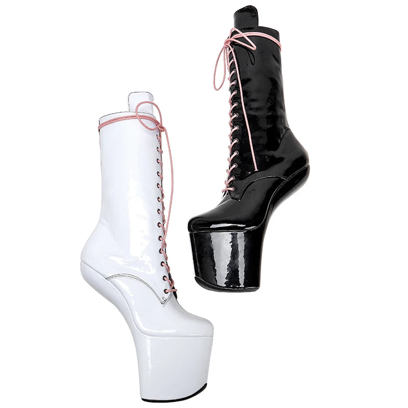 Patent PU Upper  Black with white color Platform Ankle Boots y Exotic heelless pole dance shoes