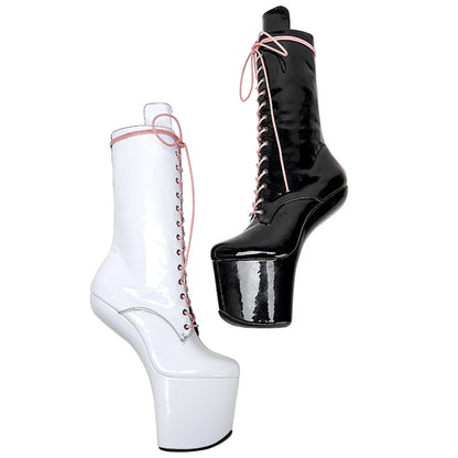 Patent PU Upper  Black with white color Platform Ankle Boots y Exotic heelless pole dance shoes