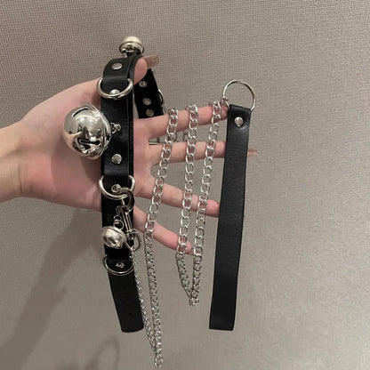 2PCS  Handmade Leather Neck Collar Choker with O-ring and Chain Leash Adjustable Roleplay Accessory Love Necklace for Couple