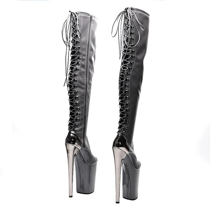 23CM/9inches patenr leather Knee High Boots For Women  Chunky Platform y High Boots Party Shoes Ladies 5B