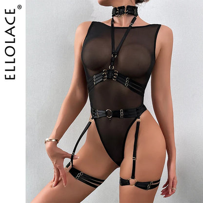 Ellolace Erotic Porn Lingerie Bodysuit Transparent Mesh Body With Garter See Through Crotchless Sex Suit Open Crotch Costume