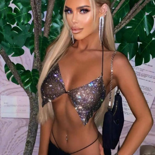 Woman Tops Brilliant Crystal Rhinestone Bra Women 2024 Sexy Deep V Neck Halter Backless Night Club Diamond Bras Top For Lady