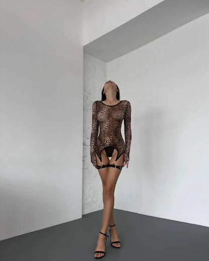 Leopard Body Suit Sexy Animal Print Bodycon Tops Tight Long Sleeve Fantasy Bodysuit Lace  Outfit 2023