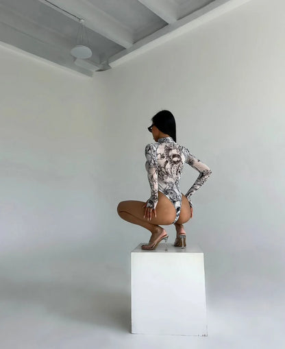 Body de encaje con estampado de dragón, Body transparente de manga larga, Tops de malla elegantes, monos de fantasía, peluche con entrepierna abierta 