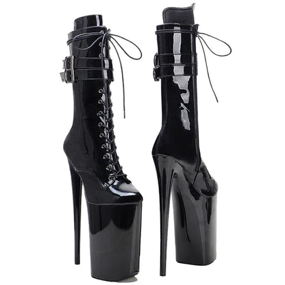23CM/9inches Patent Upper High Heels Platform Mid Calf Boots  Lace Up y Pole Dancing Boot