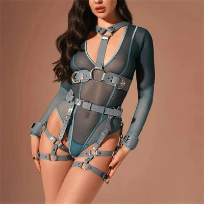 Full Body Harness Belt Blue Set  Lingerie Women Punk PU Leather Harness Bra Chest Straps Suspenders Garter Belts