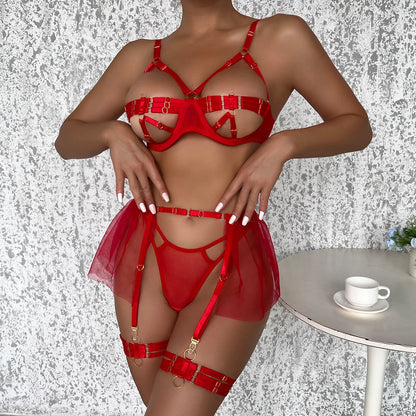 Lingerie Hollow Bra Ruffled Sensual Underwear 4-Piece Heart-shaped   Matching Fine  Outfit
