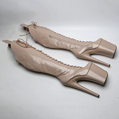 23CM/9inches Snake Upper Women Fashion High Heel Platform Lace Up And Closed Toe Thigh High Boots Pole Dance Boot