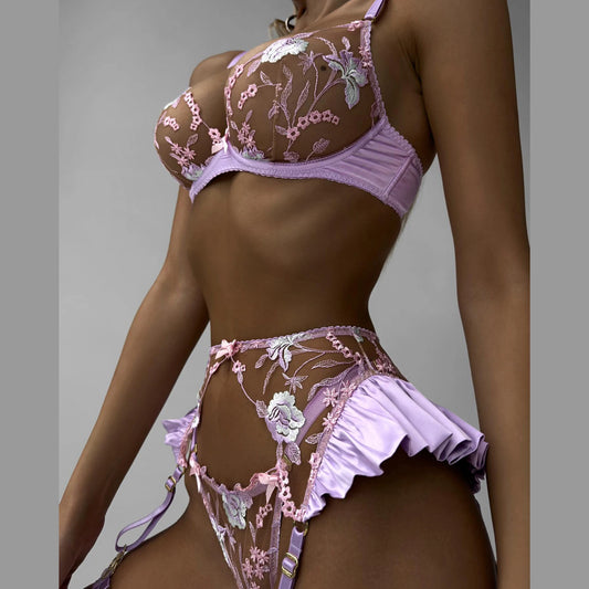 Conjunto íntimo Floral de lencería con volantes, ropa interior de fantasía de encaje transparente, trajes atractivos de sujetador push-up de lujo 