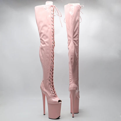 23CM/9inches Patent Upper Women Fashion High Heel Platform Open Toe Thigh High Boots Pole Dance Boot